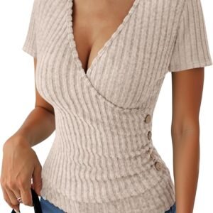 ANRABESS Womens Tops Short Sleeve V Neck Sexy Ribbed Knit Slim Fit Lightweight Sweater 2026 Summer Dressy Casual T-Shirts