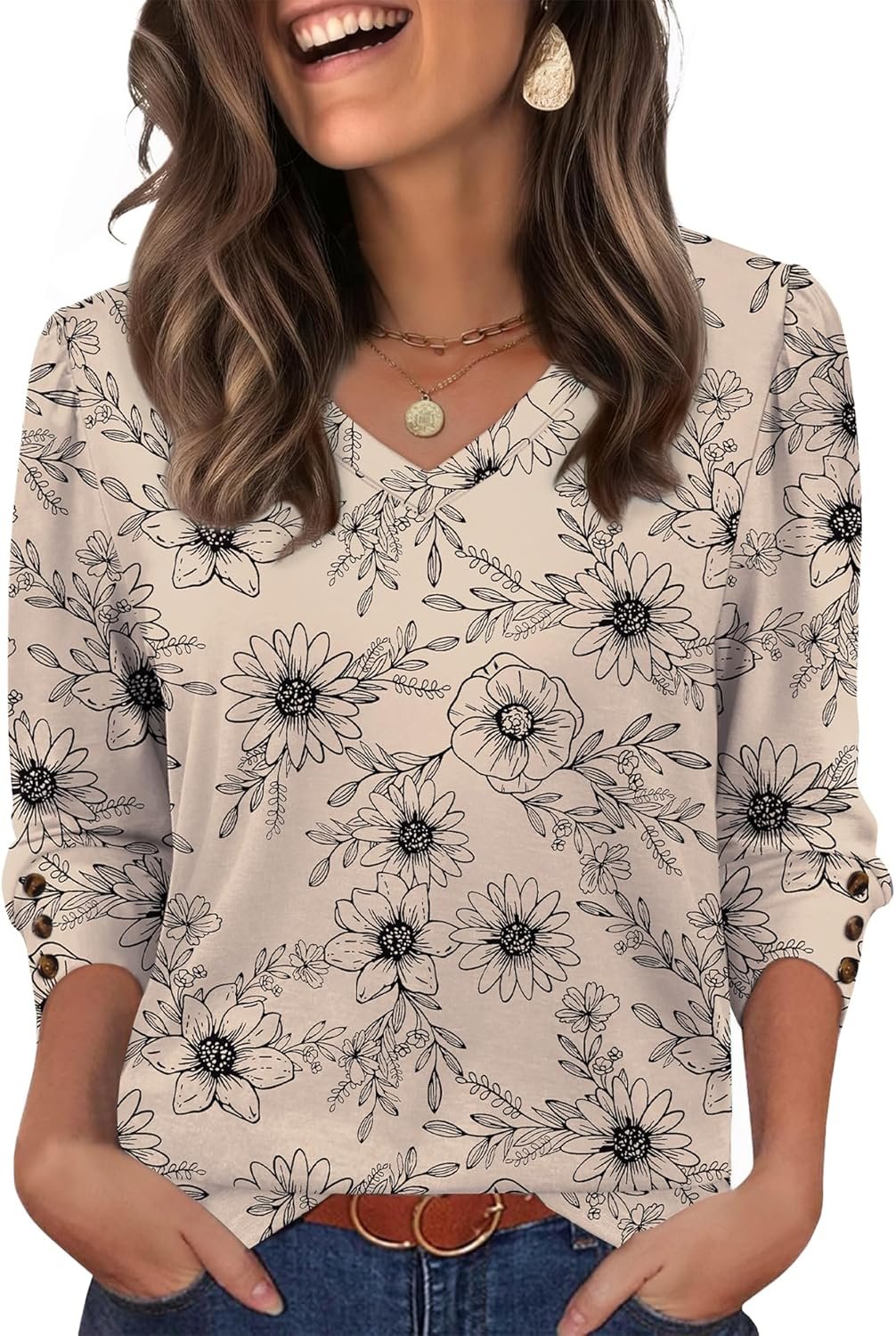 XIEERDUO Womens 3/4 Sleeve Tops with Buttons V-Neck Summer Outfits Casual Blouses Shirts Beach Vacation Fall Clothes 2026 - Image 3