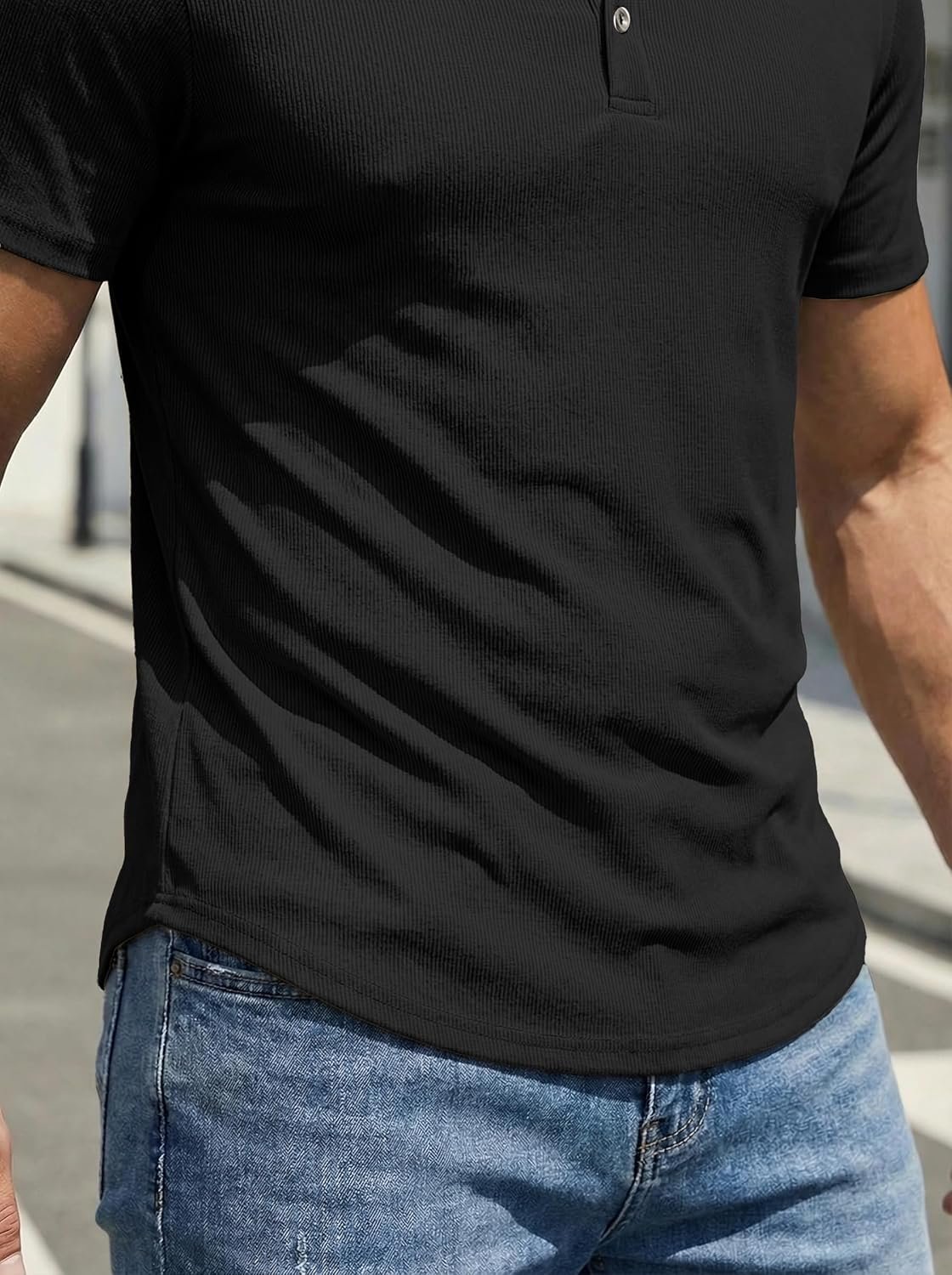 JMIERR Men's Muscle Slim Henley Shirts Crewneck Longline T-Shirt Gym Workout Athletic Shirt Tees with Button - Image 3