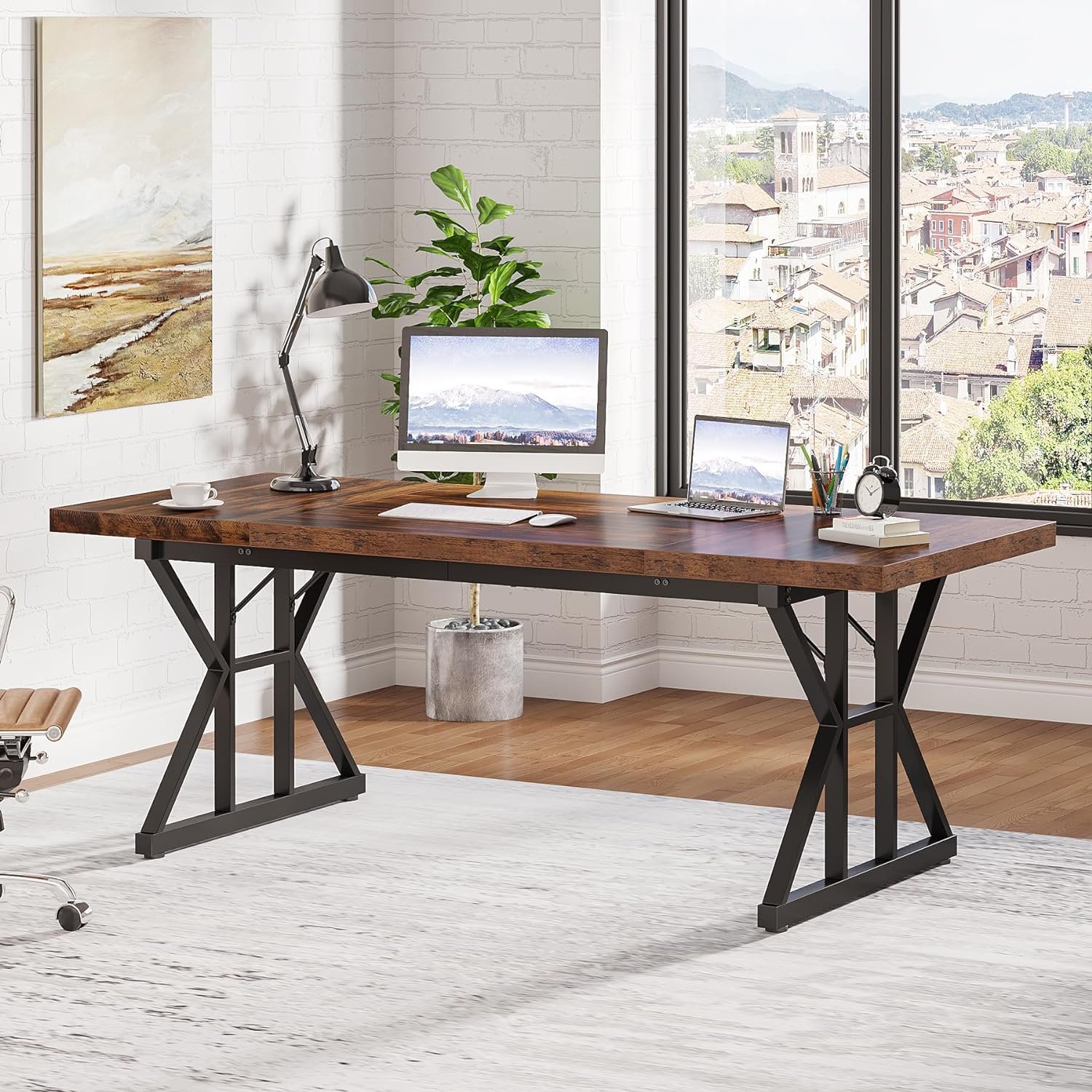 Tribesigns 70.8-Inch Executive Desk, Large Computer Office Desk Workstation, Modern Simple Style Laptop Desk Study Writing Table Business Furniture for Home Office (Brown/Black, 70.8 Inch) - Image 4