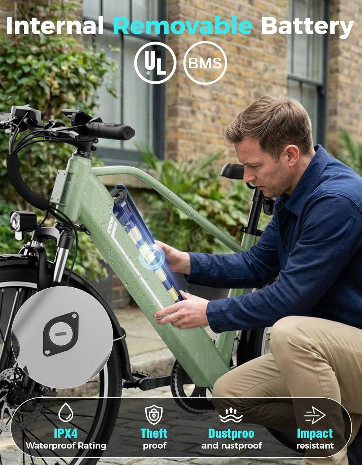 Jasion 26" Electric Bike for Adults, Internal Removable Battery Ebike with 3 Modes & 7-Speed, UL2849 Certified, 1200W Peak Motor, Max 28Mph & 50Miles, Shock Absorber, Electric City Commuter Bicycle - Image 2