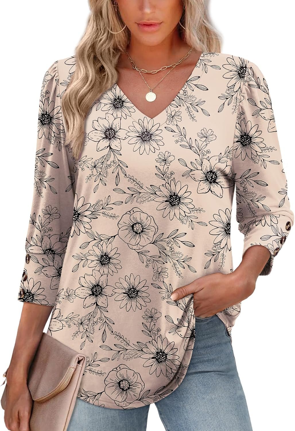 XIEERDUO Womens 3/4 Sleeve Tops with Buttons V-Neck Summer Outfits Casual Blouses Shirts Beach Vacation Fall Clothes 2026 - Image 2