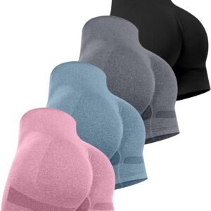 CHRLEISURE Women’s 4 Packs Workout Gym Shorts, High Waisted Butt Lifting Scrunch Butt Seamless Booty Shorts