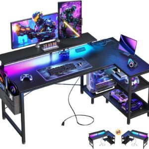 ODK 48 Inch Gaming Desk with USB Charging Ports and LED Lights, Reversible L Shaped Computer Desk with Storage Shelves & Monitor Stand, Corner Gamer Desk Table with Power Outlets, Black