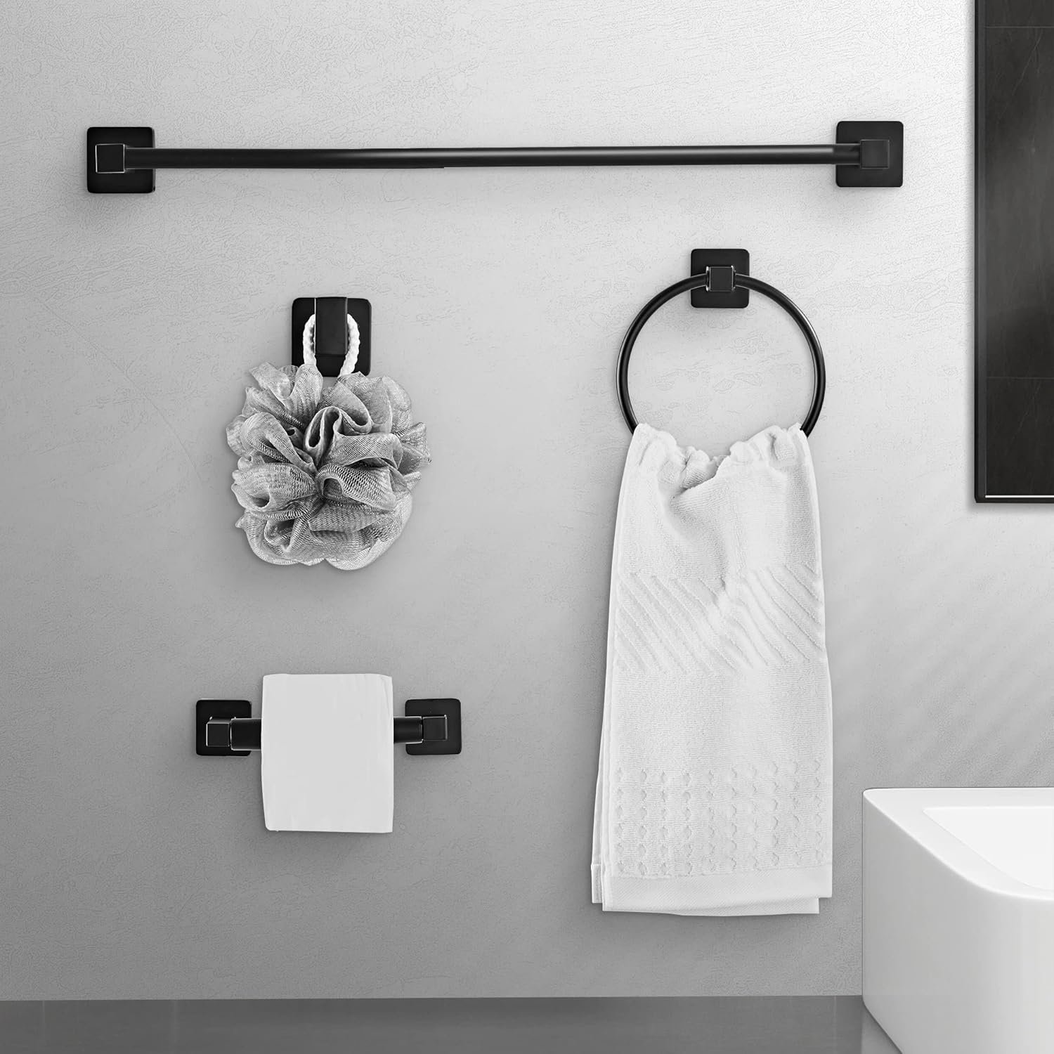 Matte Black Bathroom Hardware Set 4 Pieces,Bathroom Accessories Set Stainless Steel Wall Mounted, Hand Towel Bar, Towel Ring, Robe Towel Hooks,Toilet Paper Holder,Towel Bar Set, 23.6 Inch - Image 2