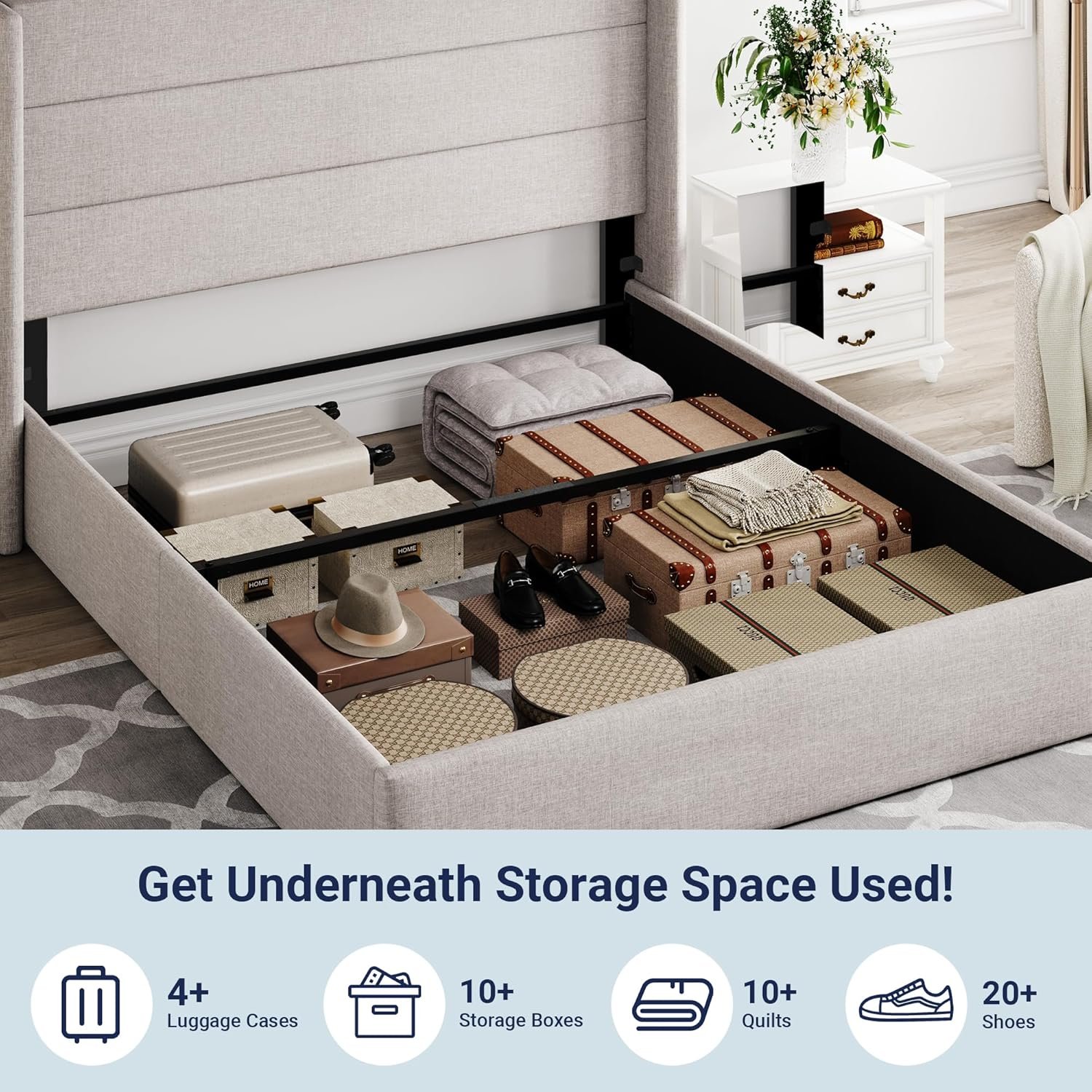 Allewie Queen Size Lift Up Storage Bed, Modern Wingback Headboard, Hydraulic Support, No Box Spring Needed, Light Beige - Image 5