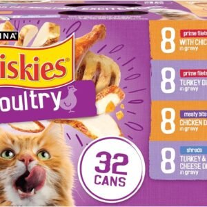 Purina Friskies Gravy Wet Cat Food Variety Pack, Poultry Shreds, Meaty Bits and Prime Filets – (Pack of 32) 5.5 oz. Cans