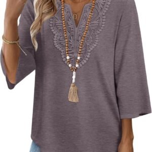 WIHOLL 3/4 Length Sleeve Womens Tops Boho V Neck Lace Shirt Trendy Blouses Dressy Casual Vacation Clothes S-3XL