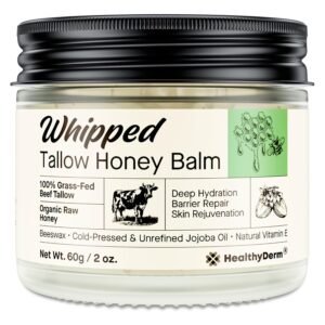 Beef Tallow Honey Balm for Skin: 100% Grass Fed Whipped Organic Moisturizer with Organic Raw Honey, Jojoba Oil, Vitamin E – Natural Face and Body Care for Mature, Dry or Sensitive Skin, 2oz
