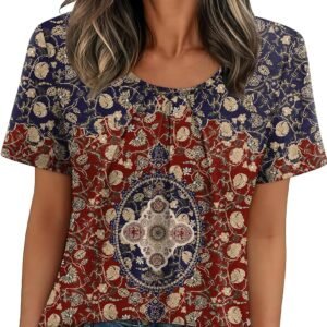 WIHOLL Women T Shirts Pleated Short Sleeve Tops Business Casual Dressy Blouses