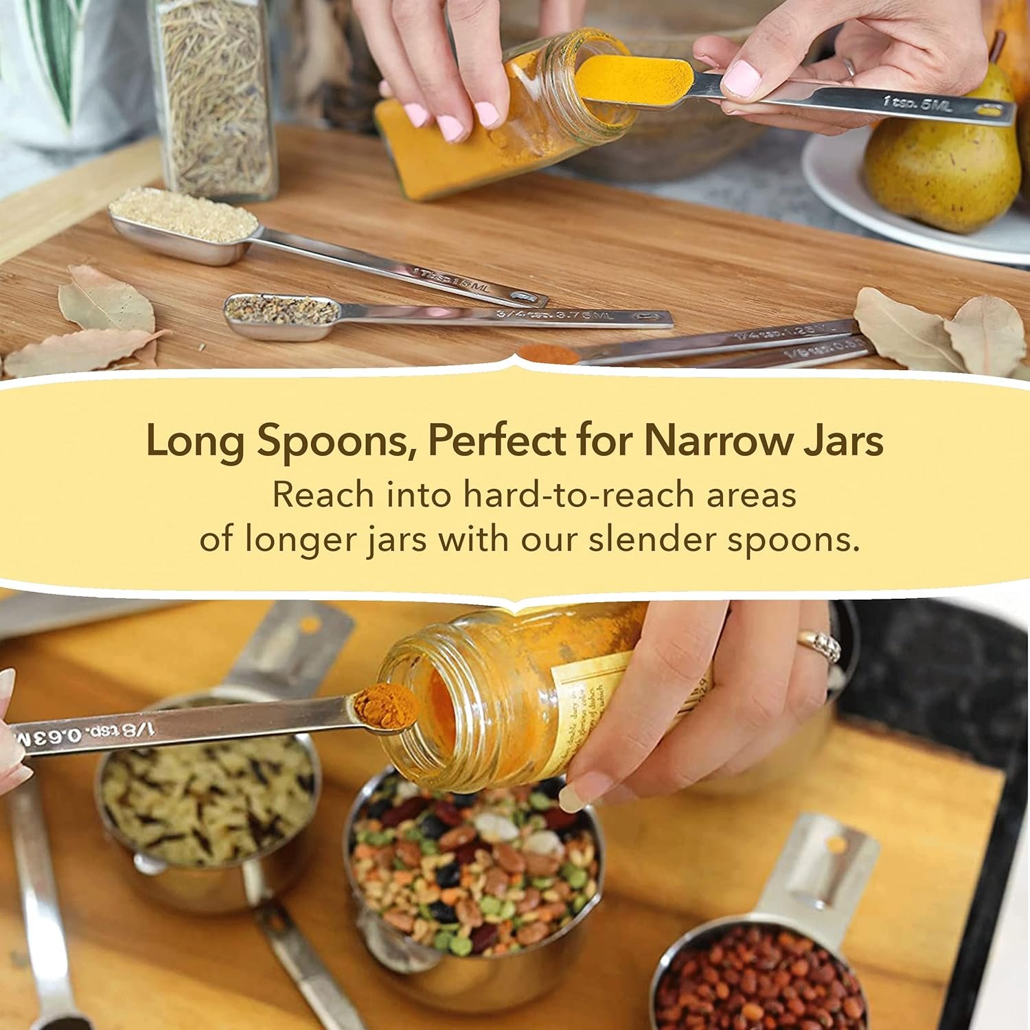 Measuring Cups and Spoons Set of 15, Stackable Cups, Long Handle with Leveler Fits Narrow Jars, 304 Premium Stainless Steel, Kitchen Gadgets for Liquid & Dry Ingredients Cooking Baking - Image 3