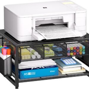 Marbrasse Metal Printer Stand for Desk with Storage Drawer and 2 Pen Holders, 2-Tier Desktop Organizer Printer Table for Home Office, Multi-Purpose Desk Organizer for Fax Machine Scanner Files(Black)