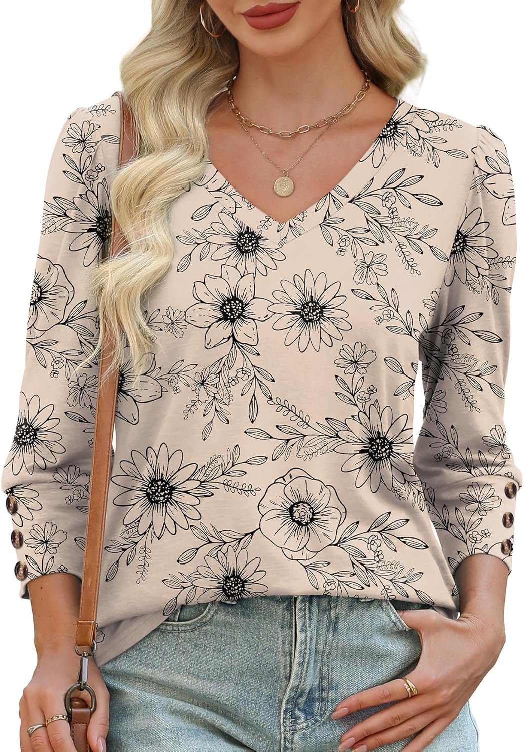 XIEERDUO Womens 3/4 Sleeve Tops with Buttons V-Neck Summer Outfits Casual Blouses Shirts Beach Vacation Fall Clothes 2026 - Image 4