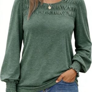 Women’s Long Sleeve Tunic Tops Smocked Crewneck Shirts 2026 Casual Loose Fit Blouses