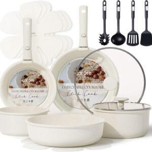 CAROTE 17pcs Pots and Pans Set, Nonstick Cookware Set Detachable Handle, Induction Kitchen Cookware Sets Non Stick with Removable Handle, RV Cookware Set, Oven Safe