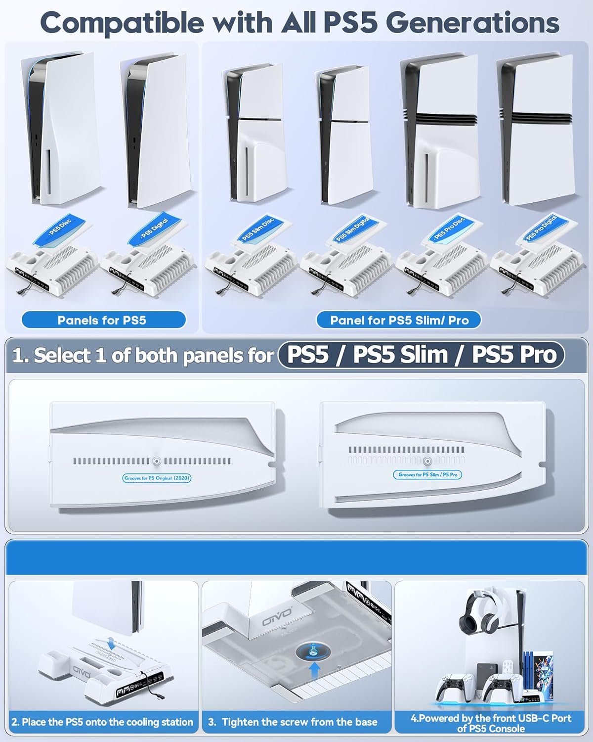 PS5/Slim/Pro Stand and Cooling Station with LED Controller Charging Station for PlayStation 5 Console, Controller Charger, Cooling Stand, PS5/Slim/Pro Skin Accessories Kit with 3 Level Cooler Fan - Image 2