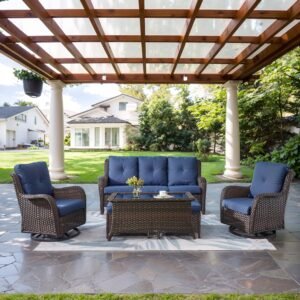 Belord Wicker Outdoor Furniture Patio Furniture Set – 6 Piece Patio Conversation Set with Swivel Rocker Chairs, Rattan Sofa, Ottomans and Coffee Table, Blue Cushion