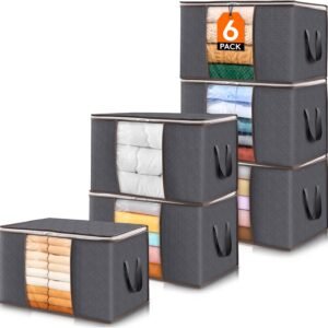 Lifewit 6 Pack Clothes Storage Bins with Lids, Foldable Blanket Storage Bags with Zippers, Clear Window and Reinforced Handles, Closet and Organization for Clothing, Sweater, Comforter, Bedding