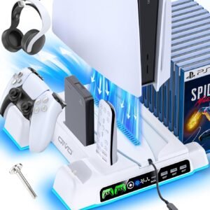 PS5/Slim/Pro Stand and Cooling Station with LED Controller Charging Station for PlayStation 5 Console, Controller Charger, Cooling Stand, PS5/Slim/Pro Skin Accessories Kit with 3 Level Cooler Fan