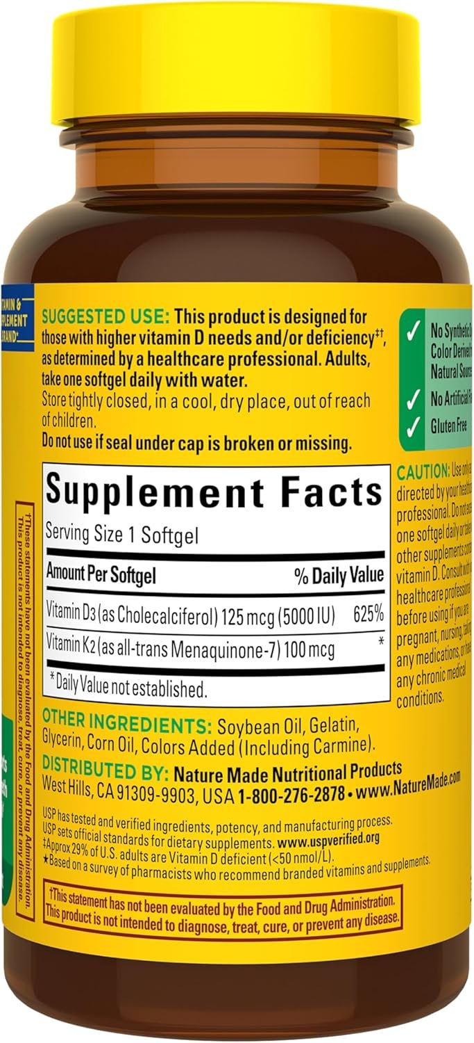 Nature Made Vitamin D3 K2 Supplement, 5000 IU (125 mcg) Vitamin D for Bone, Teeth, Muscle and Immune Support, 30 D3 and K2 Softgels, 30 Day Supply - Image 8