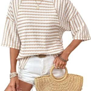 Dokotoo Womens Summer Tops Oversized Tshirts for Women Striped Color Block Short Sleeve T Shirts Crewneck Casual Tee Blouses