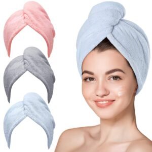 Hicober Microfiber Hair Towel Wrap, Fast Drying Hair Towels for Women, Soft Lightweight Quick Dry Turban for Curly & Long Hair–3 Pack(Blue/Grey/Pink)