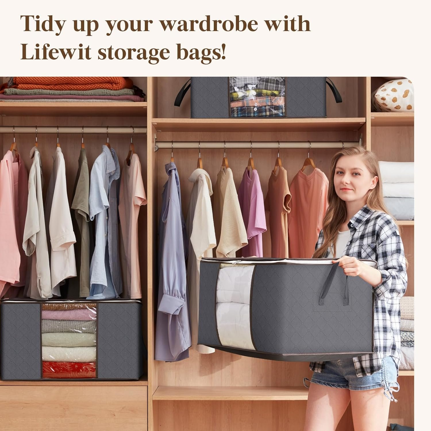 Lifewit 6 Pack Clothes Storage Bins with Lids, Foldable Blanket Storage Bags with Zippers, Clear Window and Reinforced Handles, Closet and Organization for Clothing, Sweater, Comforter, Bedding - Image 10