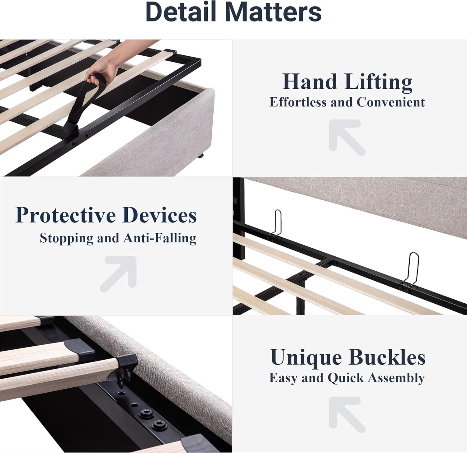 Allewie Queen Size Lift Up Storage Bed, Modern Wingback Headboard, Hydraulic Support, No Box Spring Needed, Light Beige - Image 6