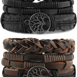 HZMAN Genuine Leather Tree of life Bracelets Men Women, Tiger Eye Natural Stone Lava Rock Beads Ethnic Tribal Elastic Bracelets Wristbands