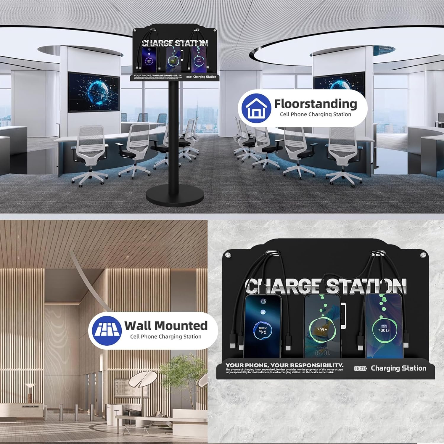 Floor Standing Cell Phone Charging Station with Fast Charigng Cables – 8 Device Charging Dock for Office, Hotel & Public Spaces | Compatible with iPhone ipad Smartphone Tablets Android Port (Black) - Image 3