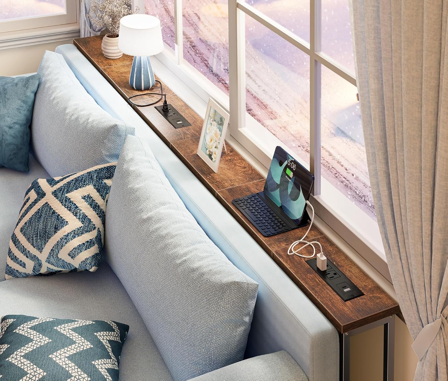 SUPERJARE 78.8 inch Narrow Console Table with Outlet, Sofa Tables, Behind Couch Table, Long Entryway Tables with Charging Station, for Living Room, Rustic Brown - Image 2