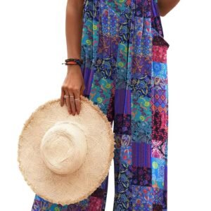 Ekouaer Women’s Casual Overalls Loose Wide Leg Jumpsuits Summer Boho Floral Printed Baggy Rompers with Pockets