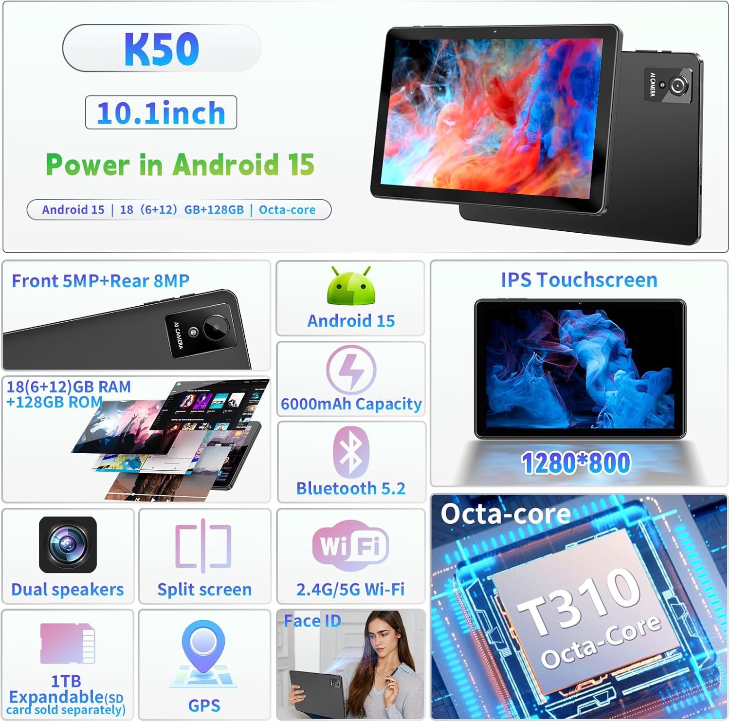 10 Inch Tablet, Android Tablet 10 Inch, Android 15 Tablet with 18GB RAM 128GB ROM, 1TB Expandable, Widevine L1, Octa-Core Processor, WiFi 5, 6000mAh Battery, T310 CPU, Dual Camera (5MP+8MP), Black - Image 2