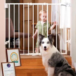 Babelio Baby Gate for Stairs, Kitchen & Doorways, 26-43″ W 28″ H No Bottom Bar| Easy Installation| One-Handed Operation| Auto-Close| Hardware Mount (Drill Needed) Safety Dog/Pet Gate Indoor (White)