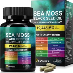 Sea Moss Black Seed Oil Ashwagandha Ginger, Sea Moss Capsule Supplement with Turmeric Burdock Root Bladderwrack Vitamin C Vitamin D3 Enhanced Immunity & Energy Black Seed Oil Capsule 60 Count