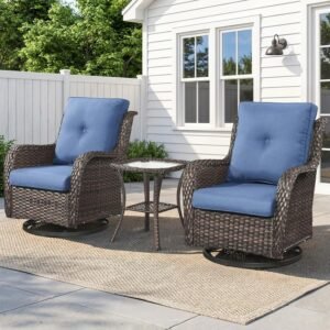 Belord Patio Wicker Chairs Swivel Rocker,Outdoor Patio Furniture Set with Rattan Side Table, All Weather Conversation Set for Porch Poolside Balcony, Brown Wicker/Blue