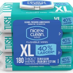 Nice ‘N CLEAN Extra Large Flushable Wipes | 40% Larger Wipes | 6.8″ x 7.5″ Unscented XL Adult Wet Wipes | Septic and Sewer Safe | Fragrance Free, Hypoallergenic, Plant Based | 180 Butt Wipes