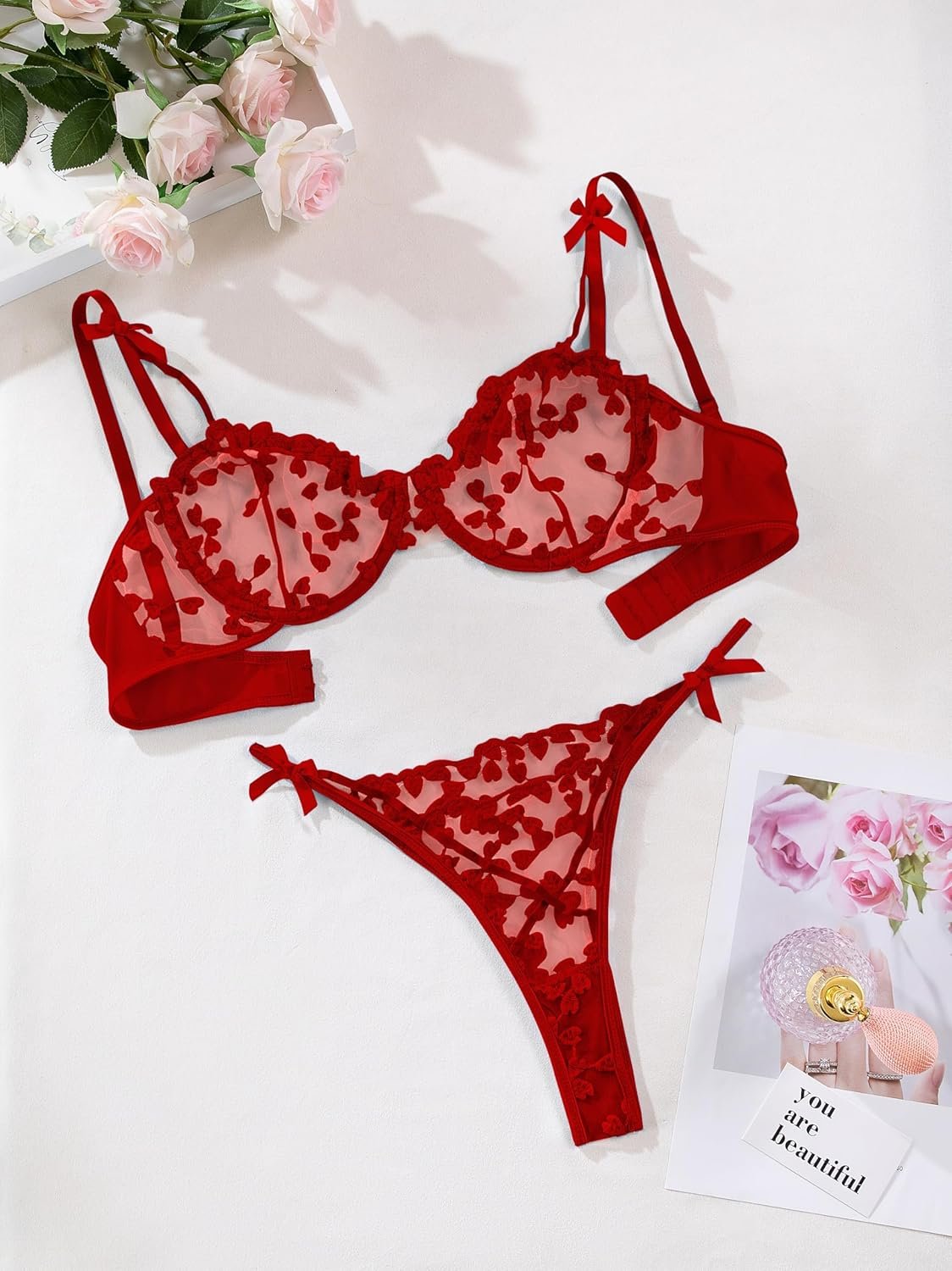 Lilosy Sexy Underwire Cute Push Up Strappy Embroidered Mesh Sheer Lingerie Set See Through Panty Bra - Image 6