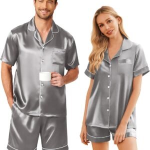 Ekouaer Couple Matching Pajamas Sets Silk Short Sleeve Button Down Sleepwear Satin Pjs Shorts Set Soft Lounge Set S-XXL