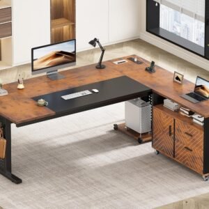 SEDETA 71″ Executive Desk with Rolling File Cabinet, Large Office Desk with Drawers, L Shaped Computer Desk with Power Outlets, CPU Stand, Pegboard and Storage Shelves, Rustic Brown