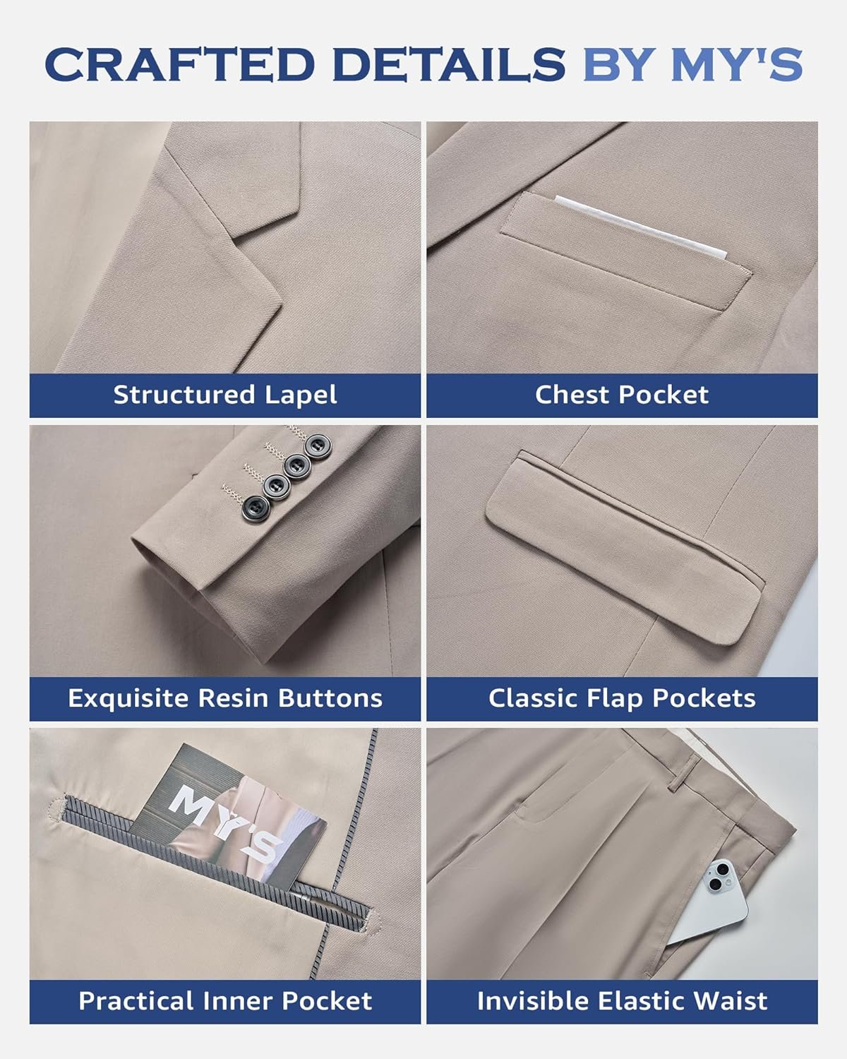 MY'S Men's 3 Piece Suit Set with Tie, One Button Slim Fit Solid Jacket Vest Pants, Prom Party Wedding Business Suits for Men - Image 3
