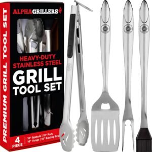 Alpha Grillers Grilling Accessories – Grilling Gifts for Men – BBQ Accessories Grill Tools Set with Spatula, Fork, Brush & Tongs – Outdoor Barbecue Utensils Gifts for Men Dad Him Boyfriend