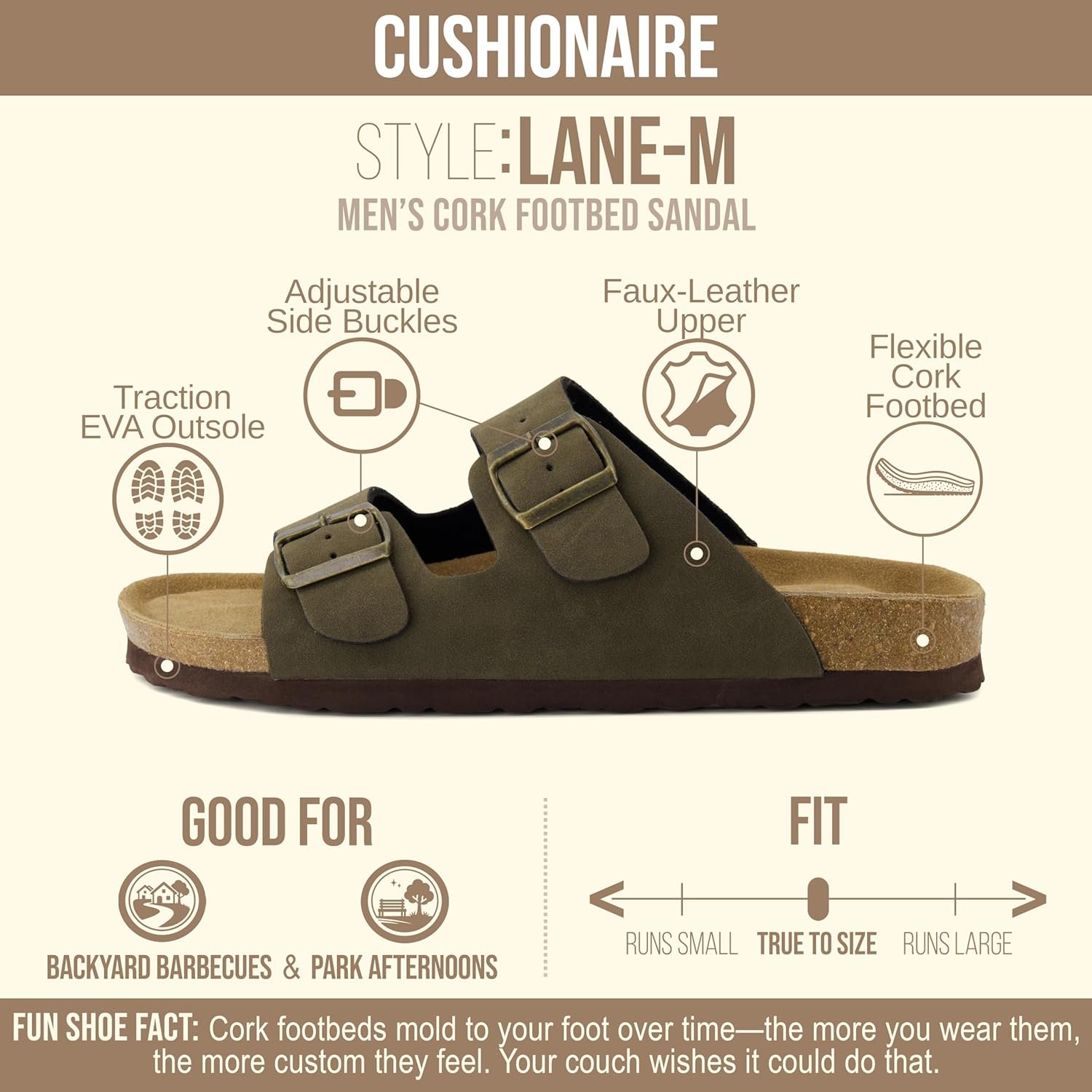 CUSHIONAIRE Lane Cork Footbed Mens Sandals, Adjustable Buckle Comfort Slides for Men, Genuine Leather Insole Summer Sandals Men Footwear - Image 4
