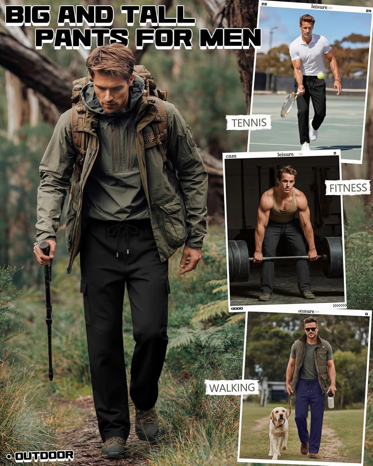 Neer 3 Pack Men's Big and Tall Cargo Sweatpants Baggy Wide Straight Leg Lightweight Open Bottom Drawstring Pants Pockets - Image 2