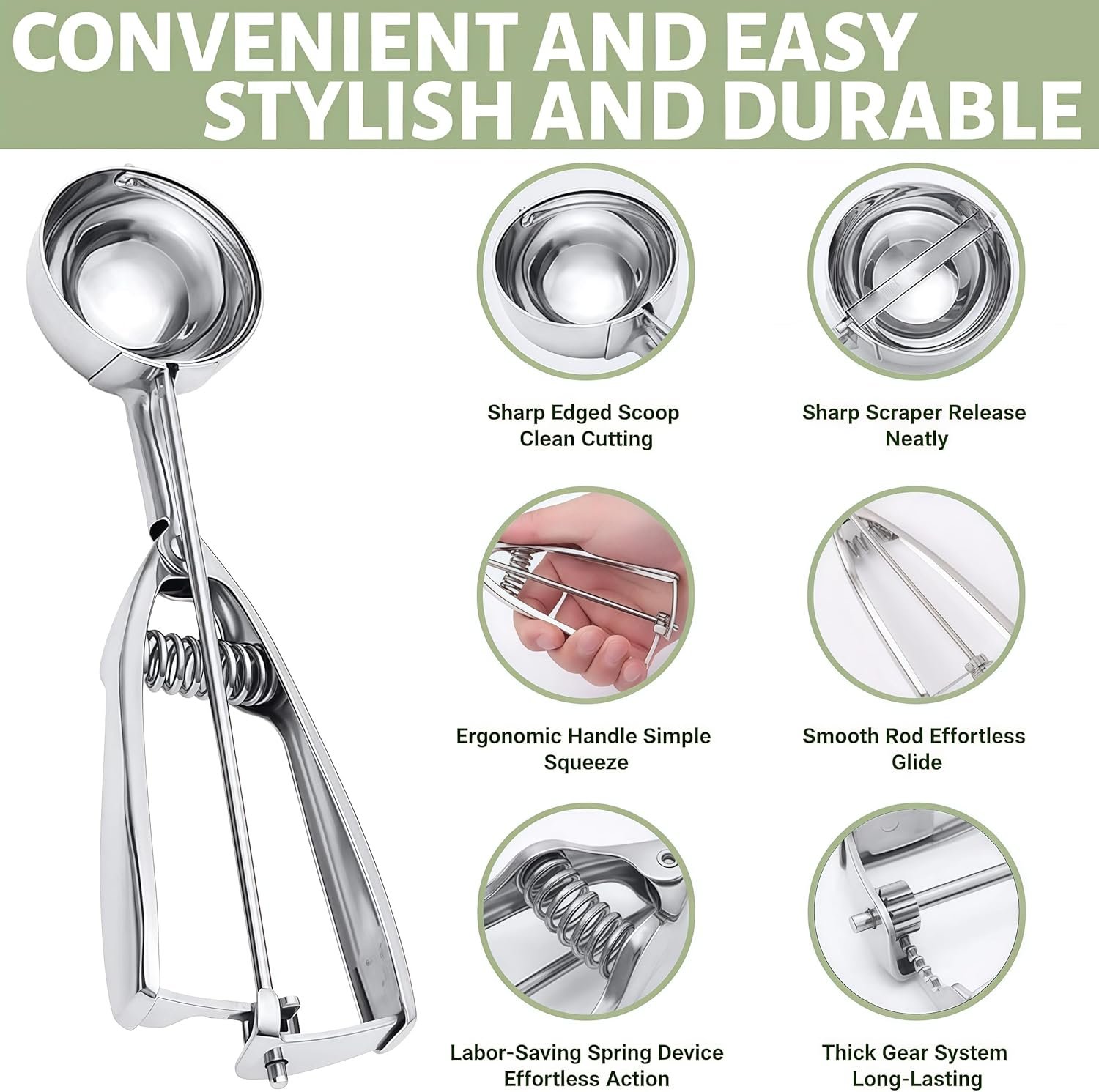 Ice Cream Scoop, 3Pcs Cookie Scoop Set, Stainless Steel Ice Cream Scoop with Trigger Release, Cookie Dough Scoop, Large/Medium/Small Cookie Scooper for Baking with 2 Shovel Spoons and 1 Shovel Forks - Image 6