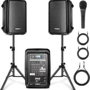 Pyle PA Speaker DJ Mixer Bundle – 300 W Portable Wireless Bluetooth Sound System w/ USB SD XLR 1/4″ RCA Inputs – Dual Speaker, Mixer, Microphone, Stand, Cable – Home/Outdoor Party – PPHP28AMX,Black