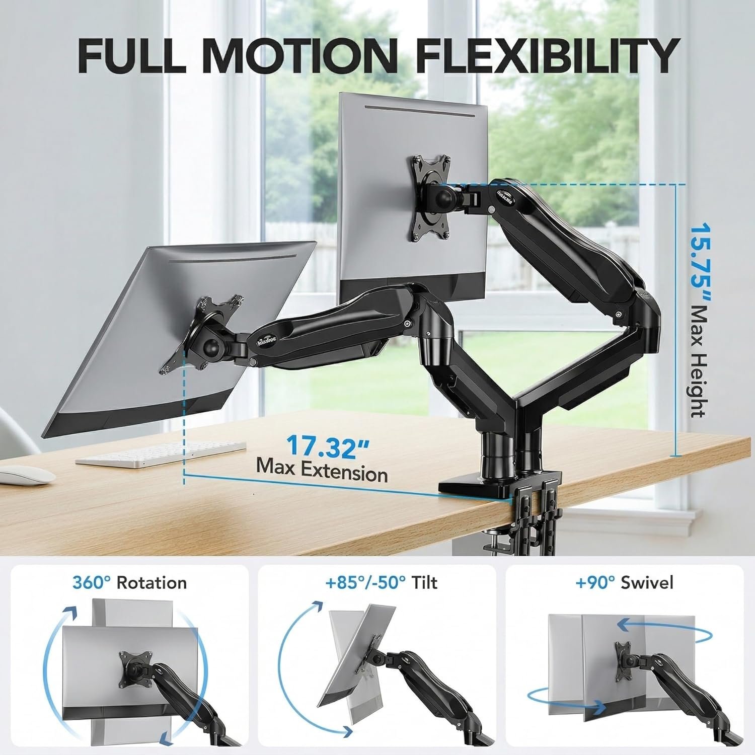 HUANUO FlowLift™ Dual Monitor Stand, Fully Adjustable Gaming Monitor Desk Mount for 13–32″ Computer Screens, Full Motion VESA 75x75/100x100 with C-Clamp & Grommet Base, Each Arm Holds 4.4 to 19.8 lbs - Image 3