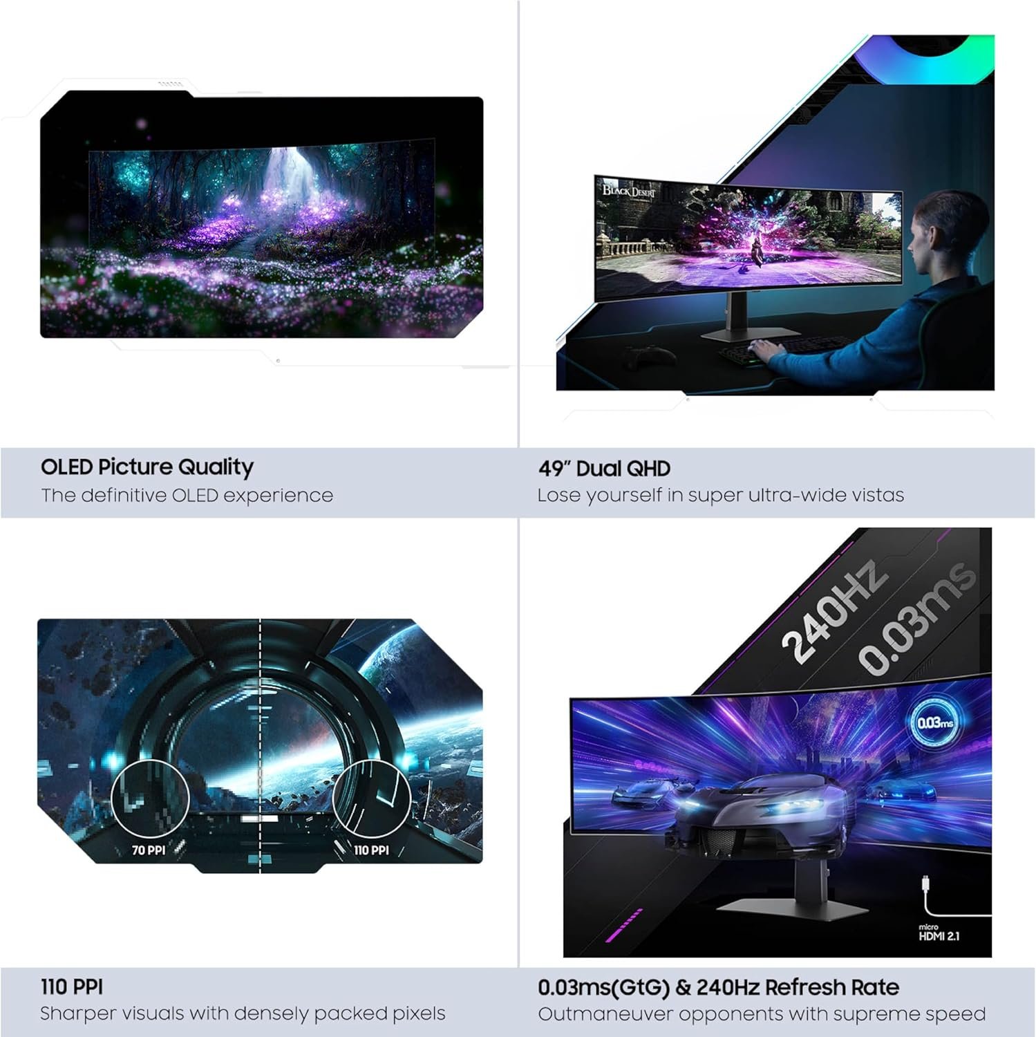 Samsung 49" Odyssey G93SC Series Curved Gaming Monitor, QD-OLED, 240Hz, 0.03ms, DQHD, G-Sync Compatible, FreeSync Premium Pro, Adjustable Stand - Image 14