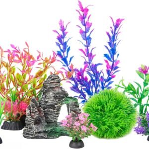 Ameliade Aquarium Artificial Plastic Plants Decorations and Rock Cave Decor Set Goldfish Betta Fish Tank Accessories Small Large Fish Bowl Ornaments