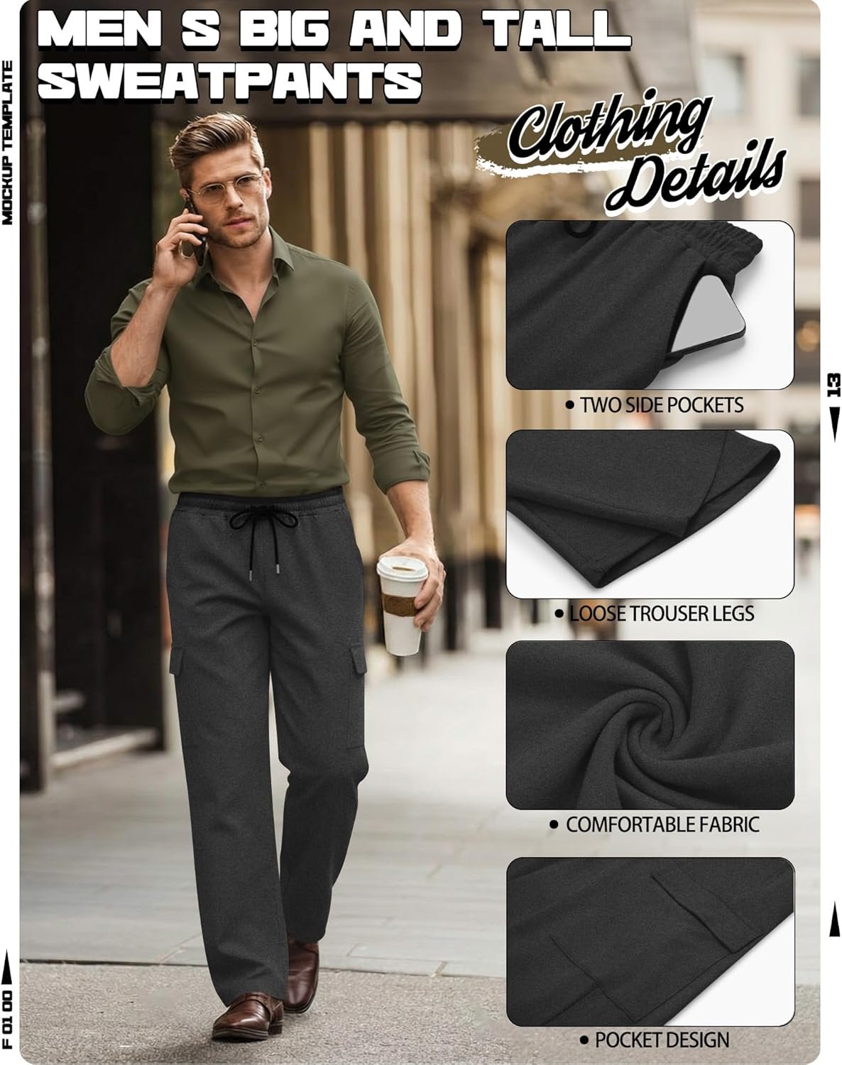 Neer 3 Pack Men's Big and Tall Cargo Sweatpants Baggy Wide Straight Leg Lightweight Open Bottom Drawstring Pants Pockets - Image 5